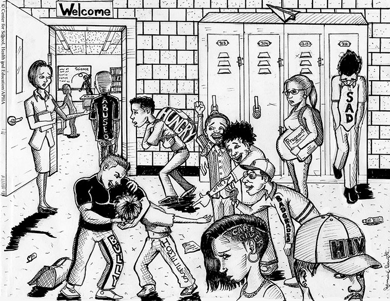 cartoon of students struggling in school hallway
